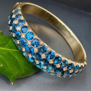 Vasari 18K Yellow Gold Diamond Blue Topaz Vintage Bracelet Wide Bangle 6.5"